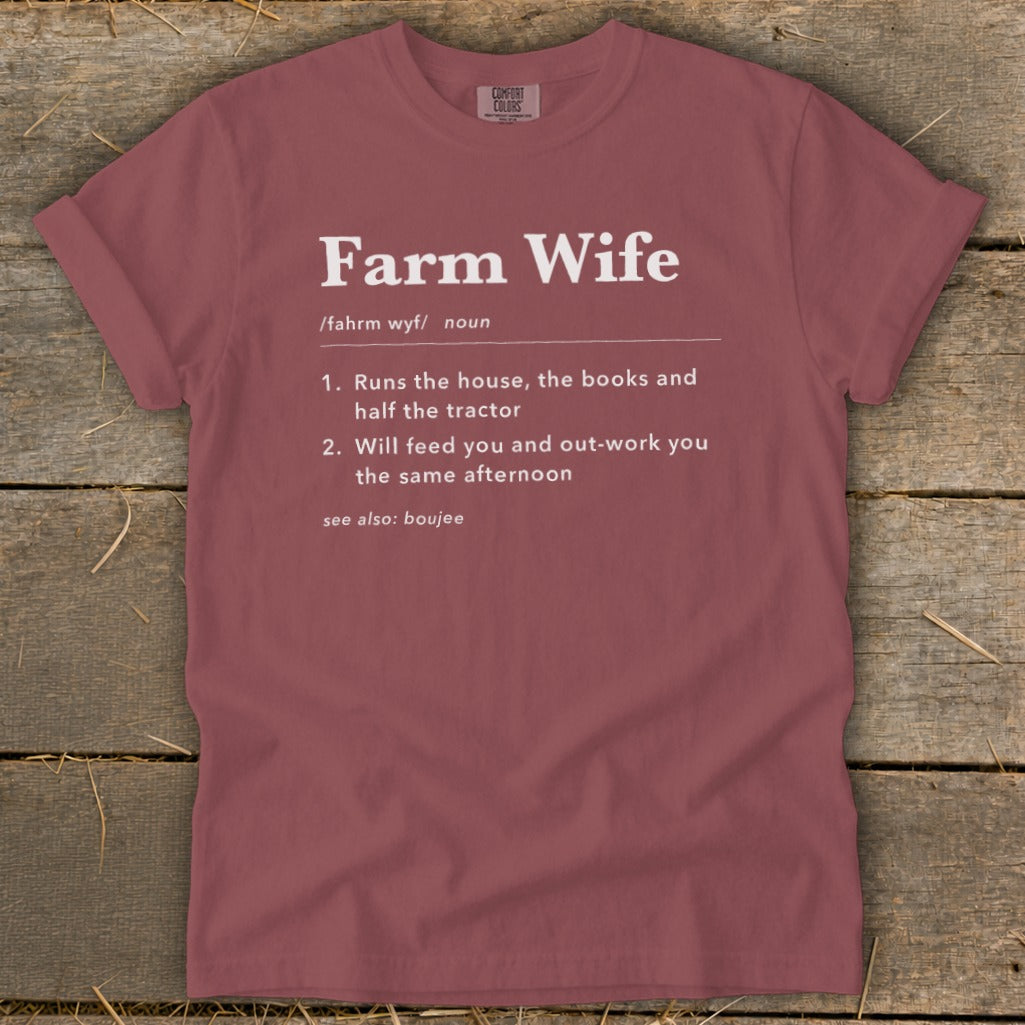 Maroon t-shirt with "Farm Wife" definition printed in white text.
