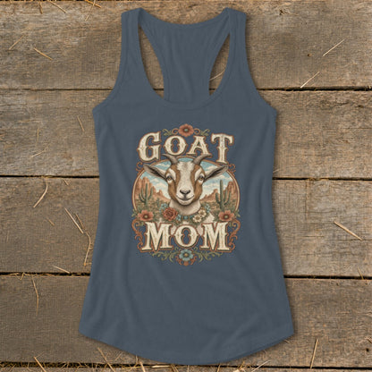 Tank top with a goat mom graphic featuring a goat's head and desert landscape.
