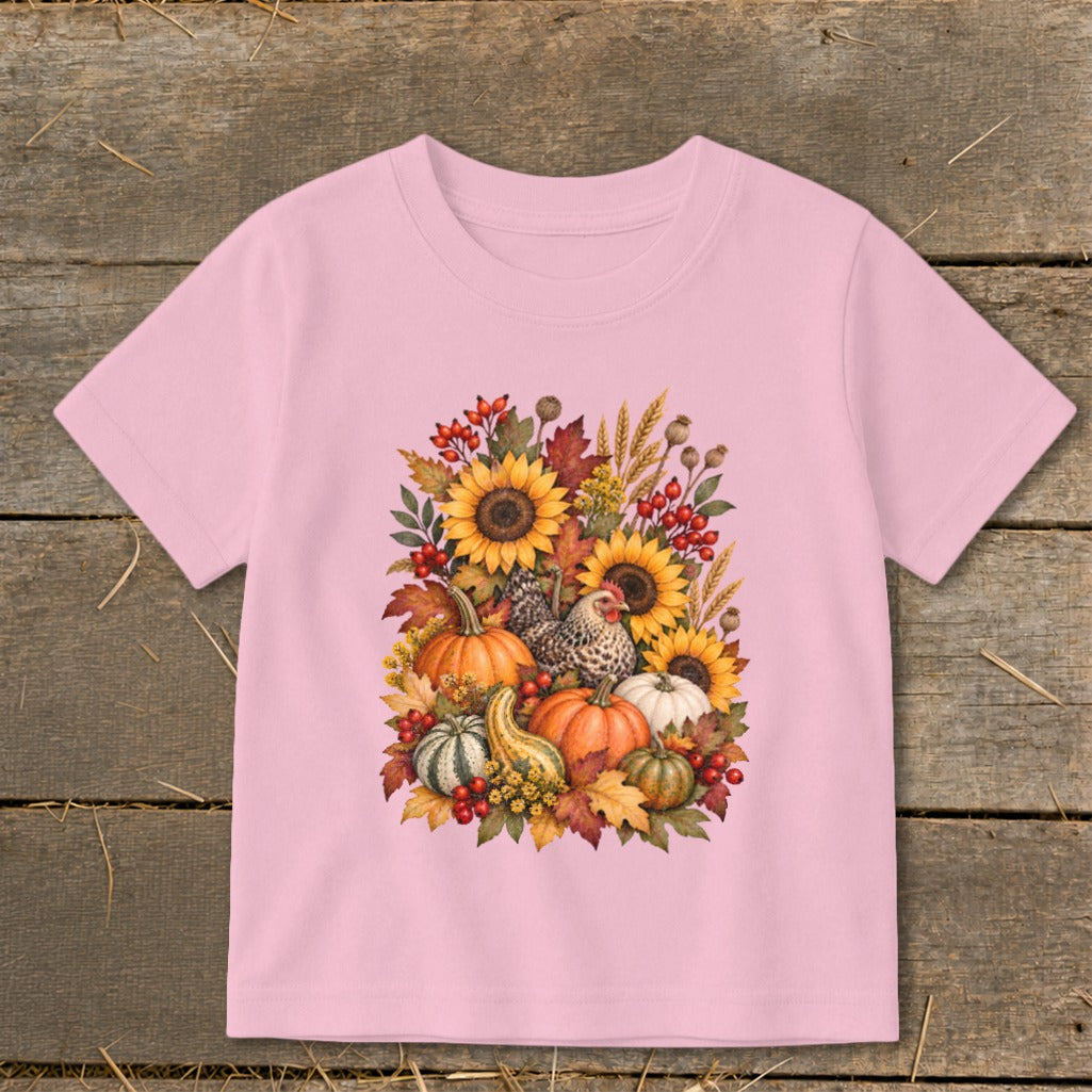 Pink t-shirt with fall harvest graphic featuring pumpkins, sunflowers, chickens, and leaves.