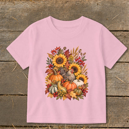 Pink t-shirt with fall harvest graphic featuring pumpkins, sunflowers, chickens, and leaves.