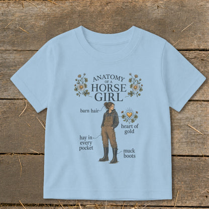 Light blue t-shirt with "Anatomy of a Horse Girl" graphic and humorous labels.
