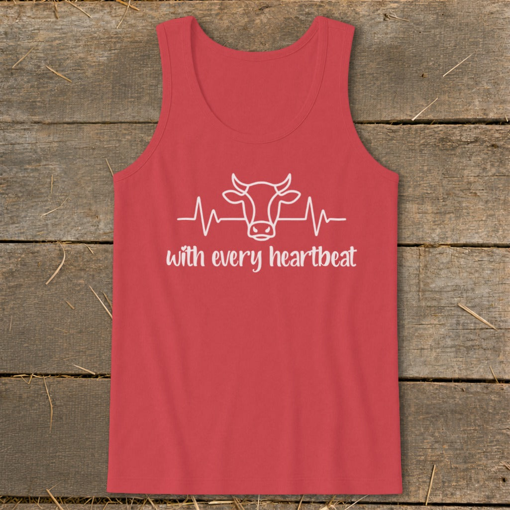 Red tank top with white cow head and heartbeat graphic and text.