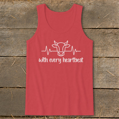 Red tank top with white cow head and heartbeat graphic and text.