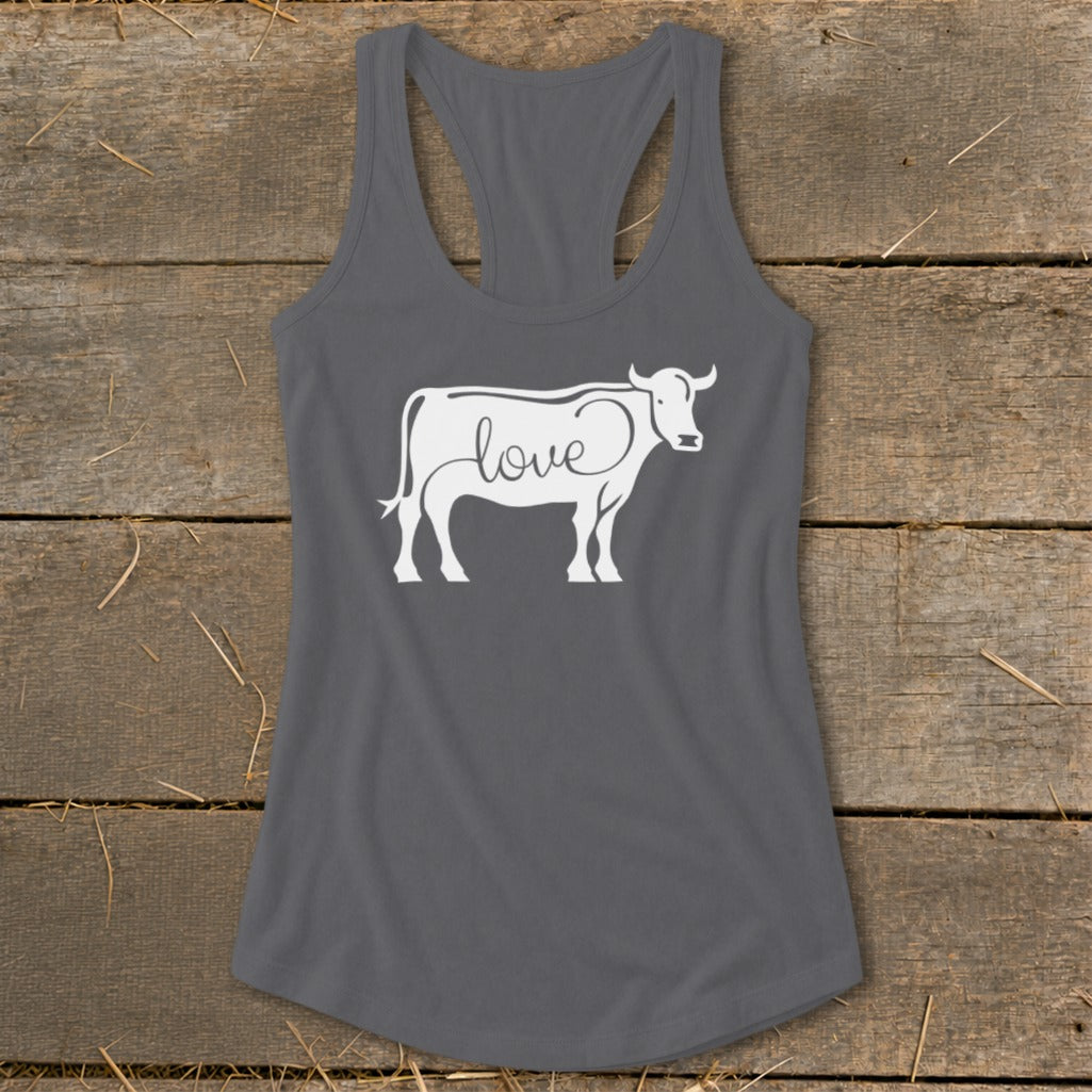 Gray tank top with white cow outline and the word "love" inside.