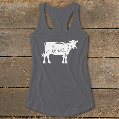 Gray tank top with white cow outline and the word "love" inside.