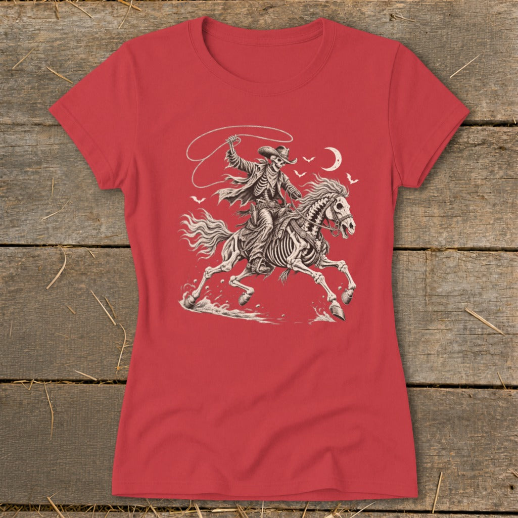 Red t-shirt with skeleton cowboy riding a skeleton horse with a lasso.