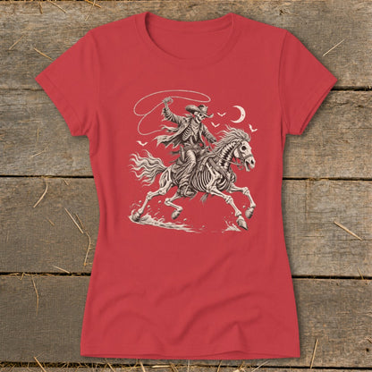 Red t-shirt with skeleton cowboy riding a skeleton horse with a lasso.