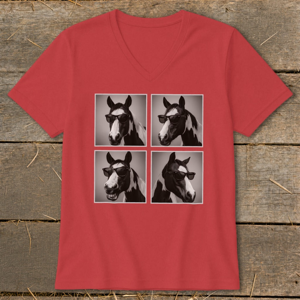Red t-shirt with a four-panel graphic of a horse wearing sunglasses.