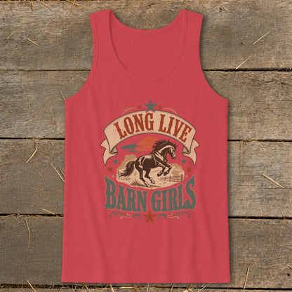 Red tank top with "Long Live Barn Girls" text and a running horse graphic.