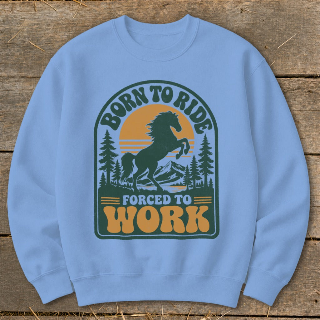 Light blue sweatshirt with a graphic that reads "Born to Ride Forced to Work."