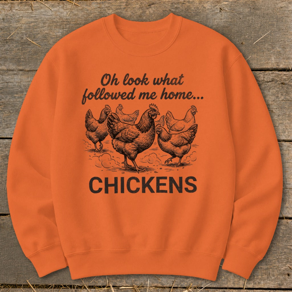 Orange sweatshirt with illustration of chickens and text "Oh look what followed me home... CHICKENS".
