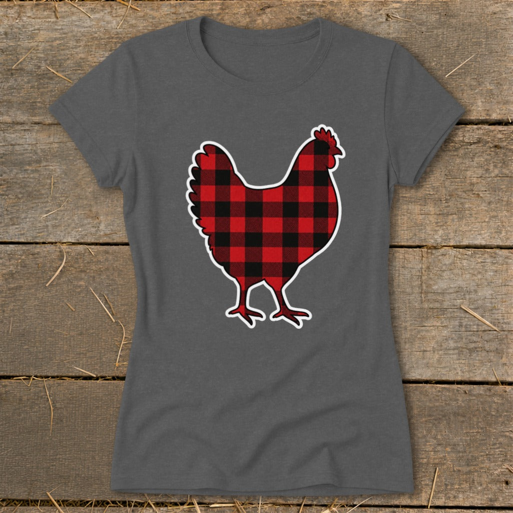 Gray t-shirt with a red and black buffalo plaid chicken graphic.