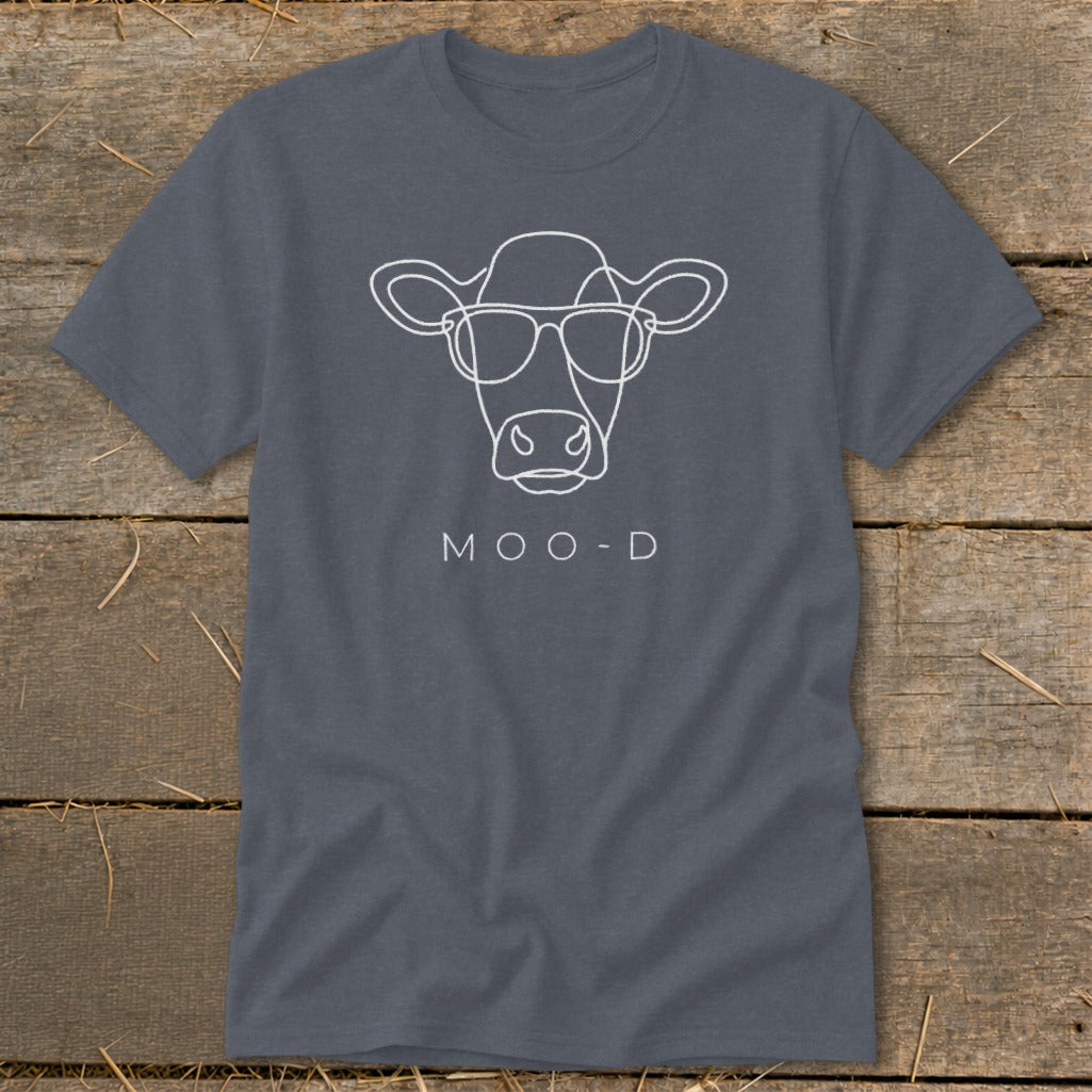 Charcoal t-shirt with a white line drawing of a cow wearing glasses and the text "MOO-D".
