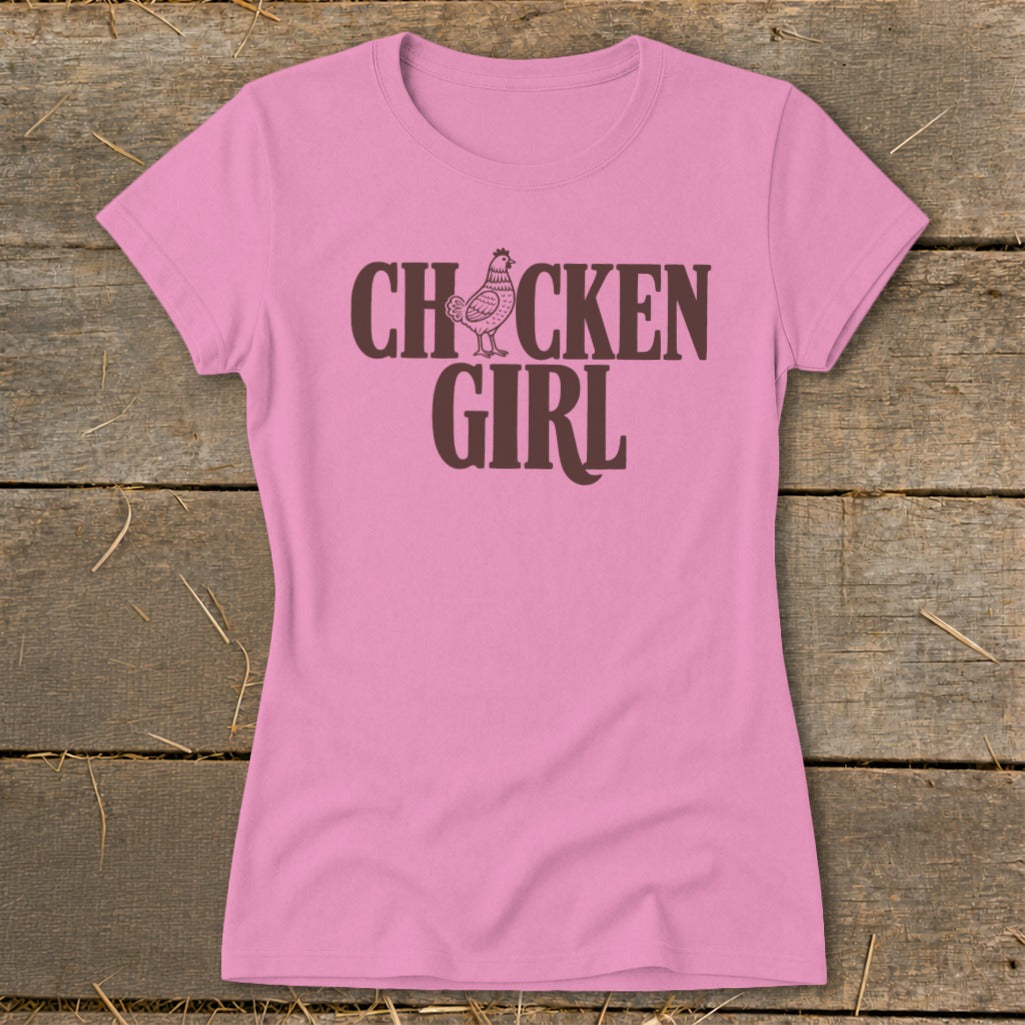 Pink t-shirt with "CHICKEN GIRL" text and a chicken graphic.