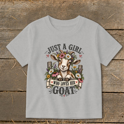 Gray t-shirt with a goat wearing a flower crown and text "Just a girl who loves her goat".