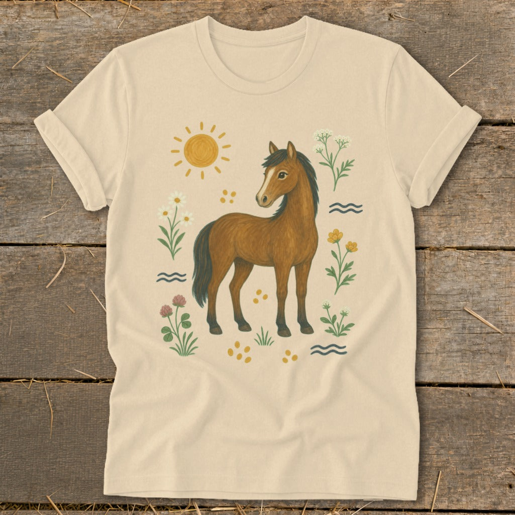 Light tan t-shirt with illustration of a brown horse surrounded by flowers and sun.