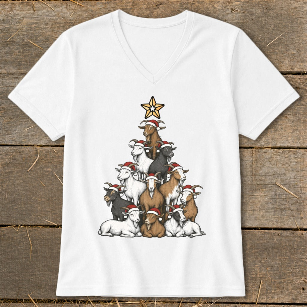 Goats wearing Santa hats form a Christmas tree with a star on a white t-shirt.