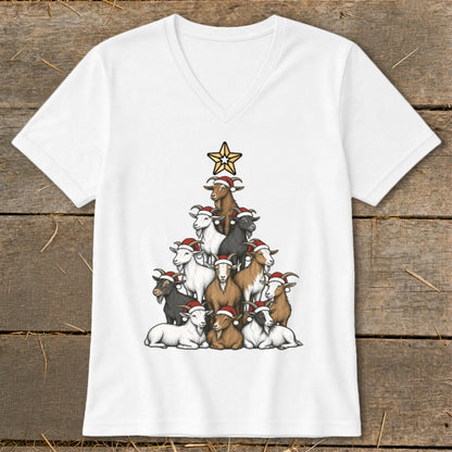 Goats wearing Santa hats form a Christmas tree with a star on a white t-shirt.