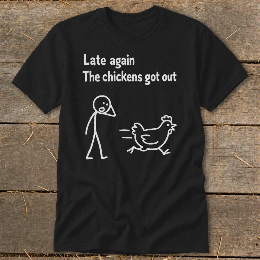 Black t-shirt with white text and stick figure drawing of a chicken escaping.