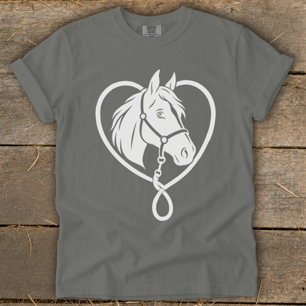 A gray t-shirt with a white graphic of a horse's head framed inside a heart shape.