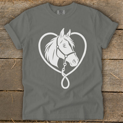 A gray t-shirt with a white graphic of a horse's head framed inside a heart shape.