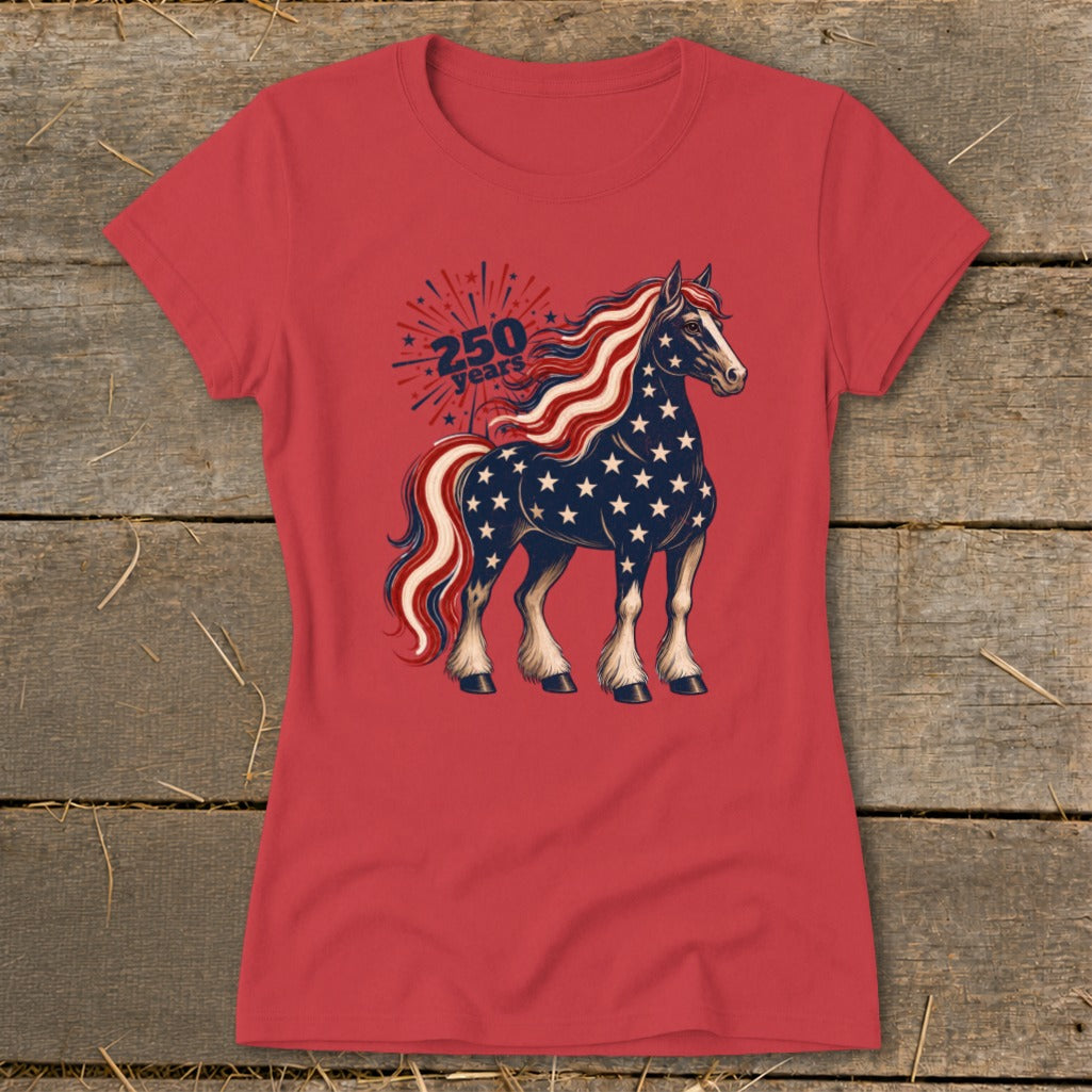 Red t-shirt with a star-spangled horse and "250 years" text.