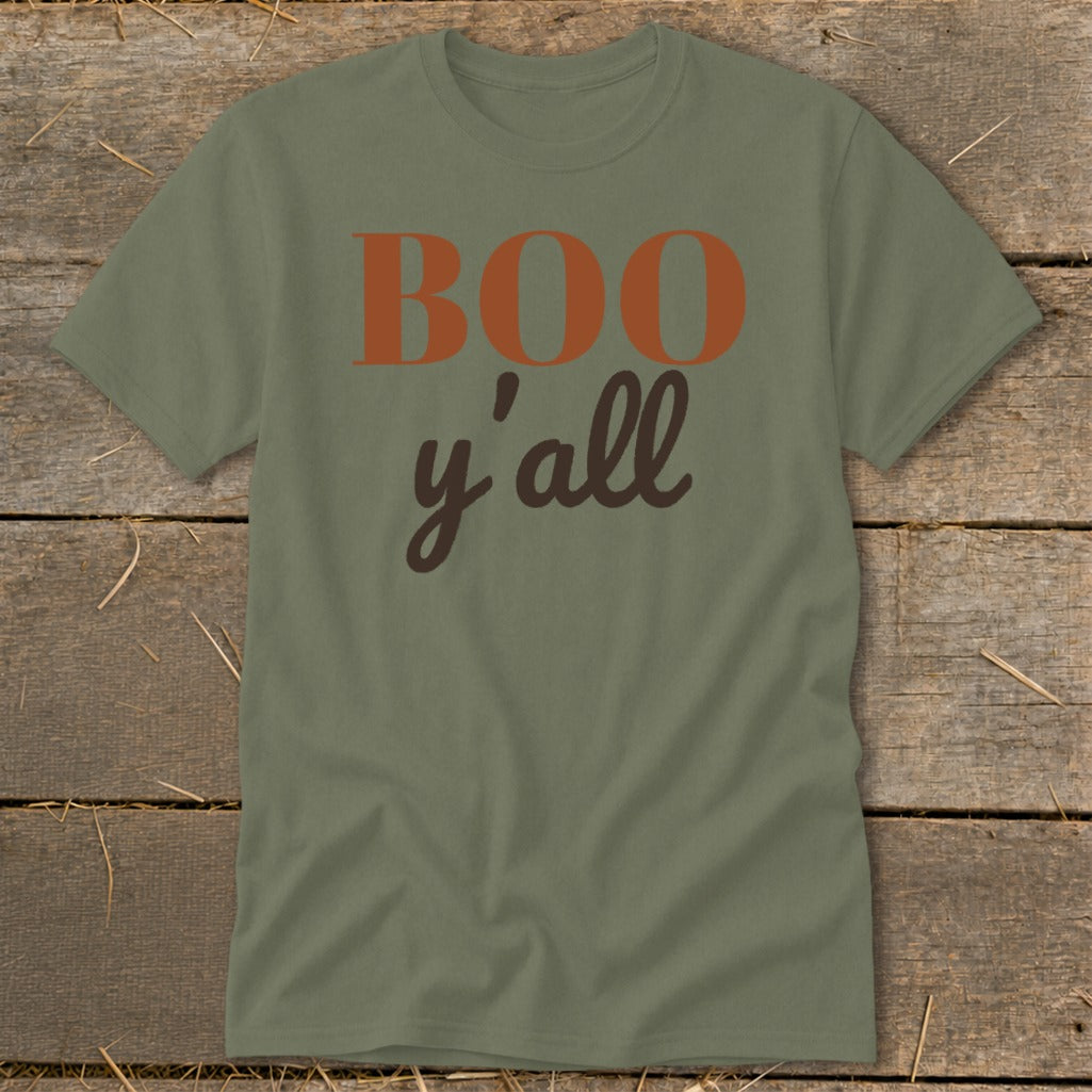 Olive green t-shirt with orange "BOO" and brown "y'all" text.