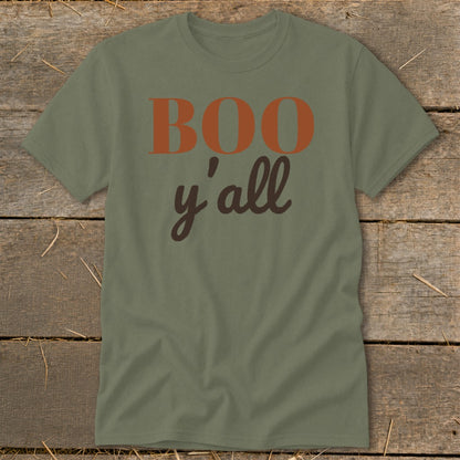 Olive green t-shirt with orange "BOO" and brown "y'all" text.