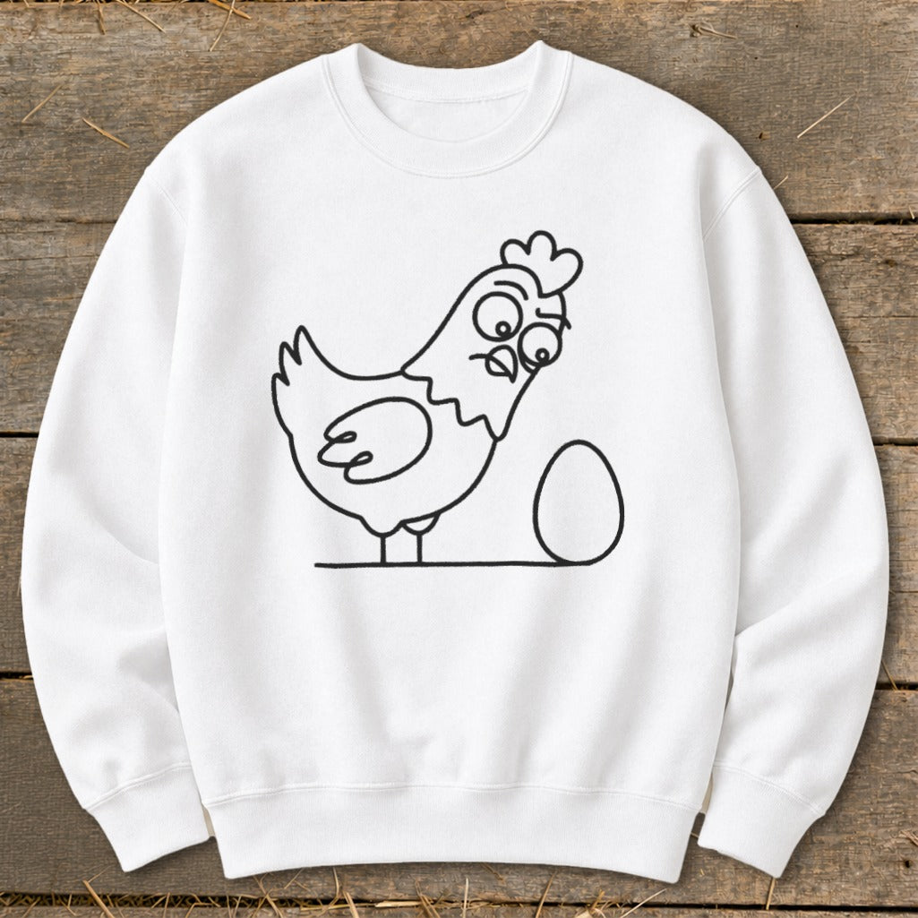White sweatshirt with a cartoon chicken and egg graphic.