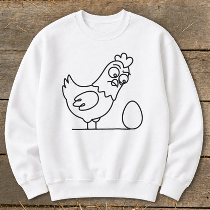 White sweatshirt with a cartoon chicken and egg graphic.