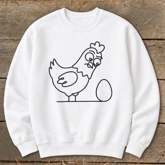 White sweatshirt with a cartoon chicken and egg graphic.
