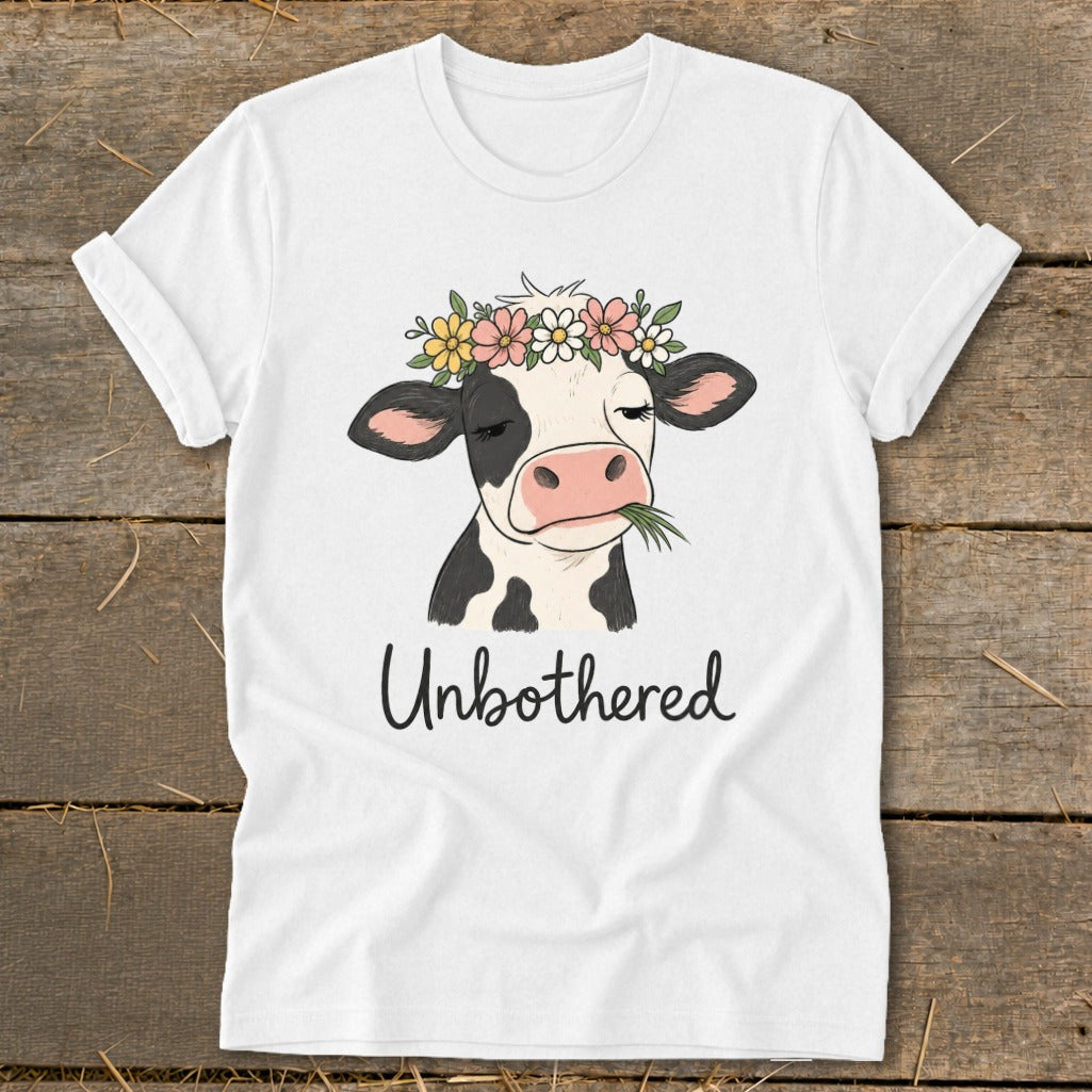White t-shirt with cartoon cow wearing flower crown and chewing grass, text "Unbothered".