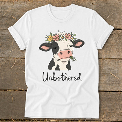 White t-shirt with cartoon cow wearing flower crown and chewing grass, text "Unbothered".