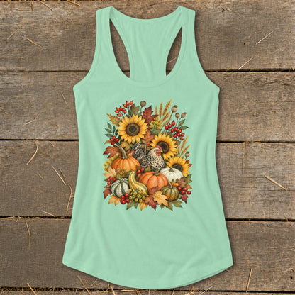 Mint green tank top featuring a fall harvest design with chickens and pumpkins.