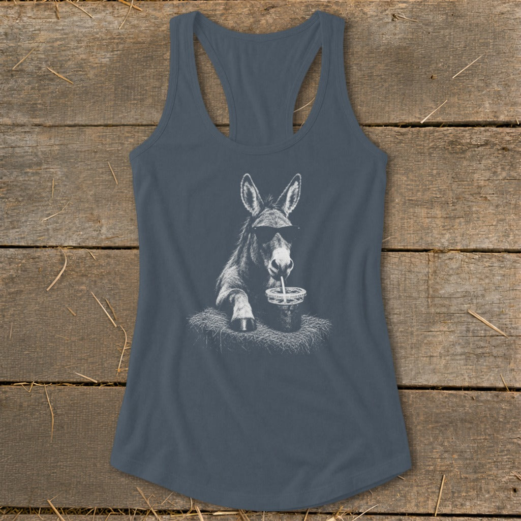 Tank top with graphic of donkey wearing sunglasses drinking from a cup.