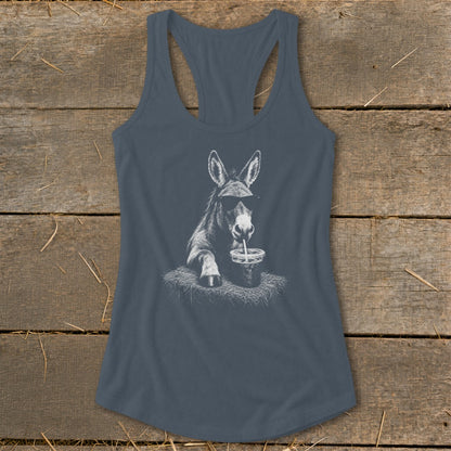 Tank top with graphic of donkey wearing sunglasses drinking from a cup.