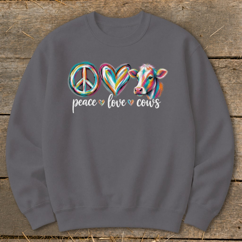 Peace, love, cows graphic with colorful cow head on a gray sweatshirt.