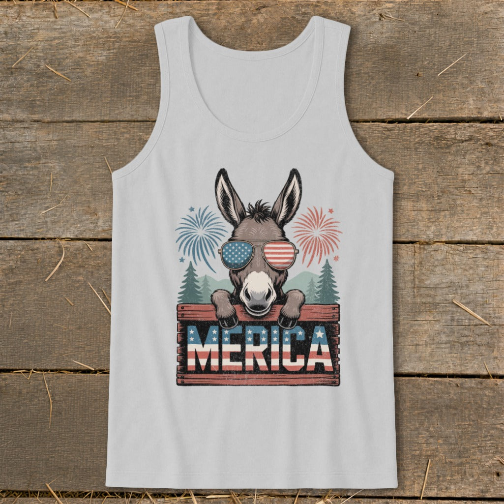 Donkey wearing American flag sunglasses and "MERICA" sign with fireworks.