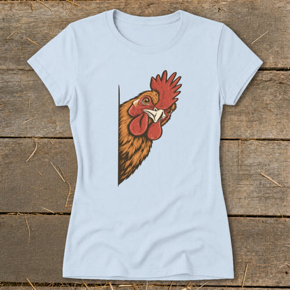 Light blue t-shirt with a detailed illustration of a rooster peeking from the side.