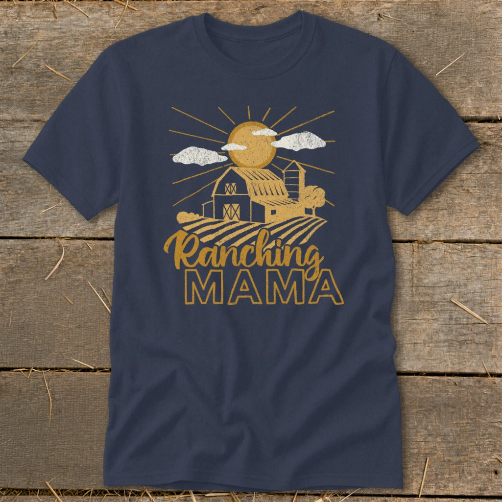 Navy t-shirt with "Ranching MAMA" text and barn graphic.
