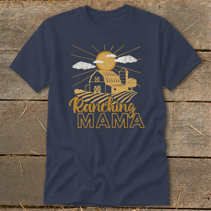 Navy t-shirt with "Ranching MAMA" text and barn graphic.