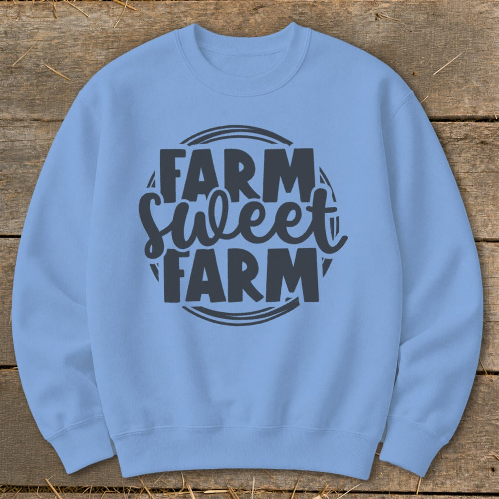 Light blue crewneck sweatshirt with "Farm Sweet Farm" text graphic.