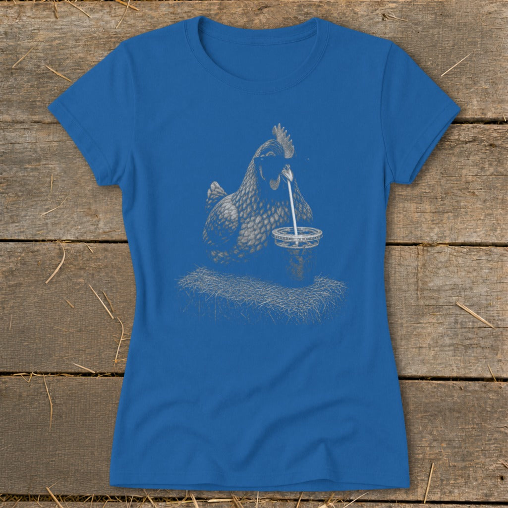 Blue t-shirt with a white line drawing of a chicken drinking from a cup.