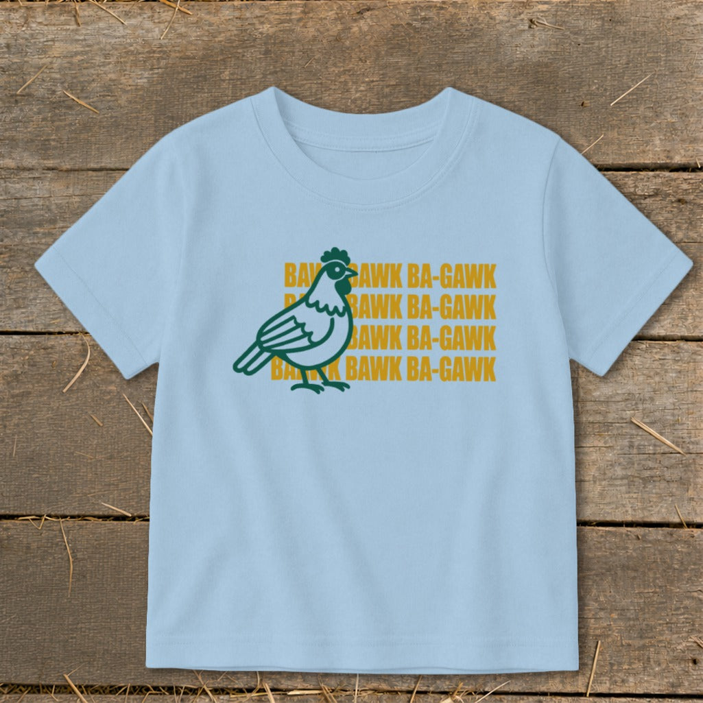 Light blue t-shirt with a green chicken graphic and repeated "Bawk Ba-Gawk" text.