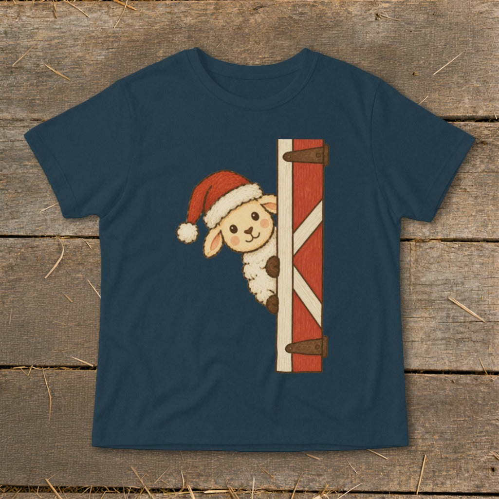 Navy t-shirt with a festive sheep wearing a Santa hat peeking from behind a barn door.