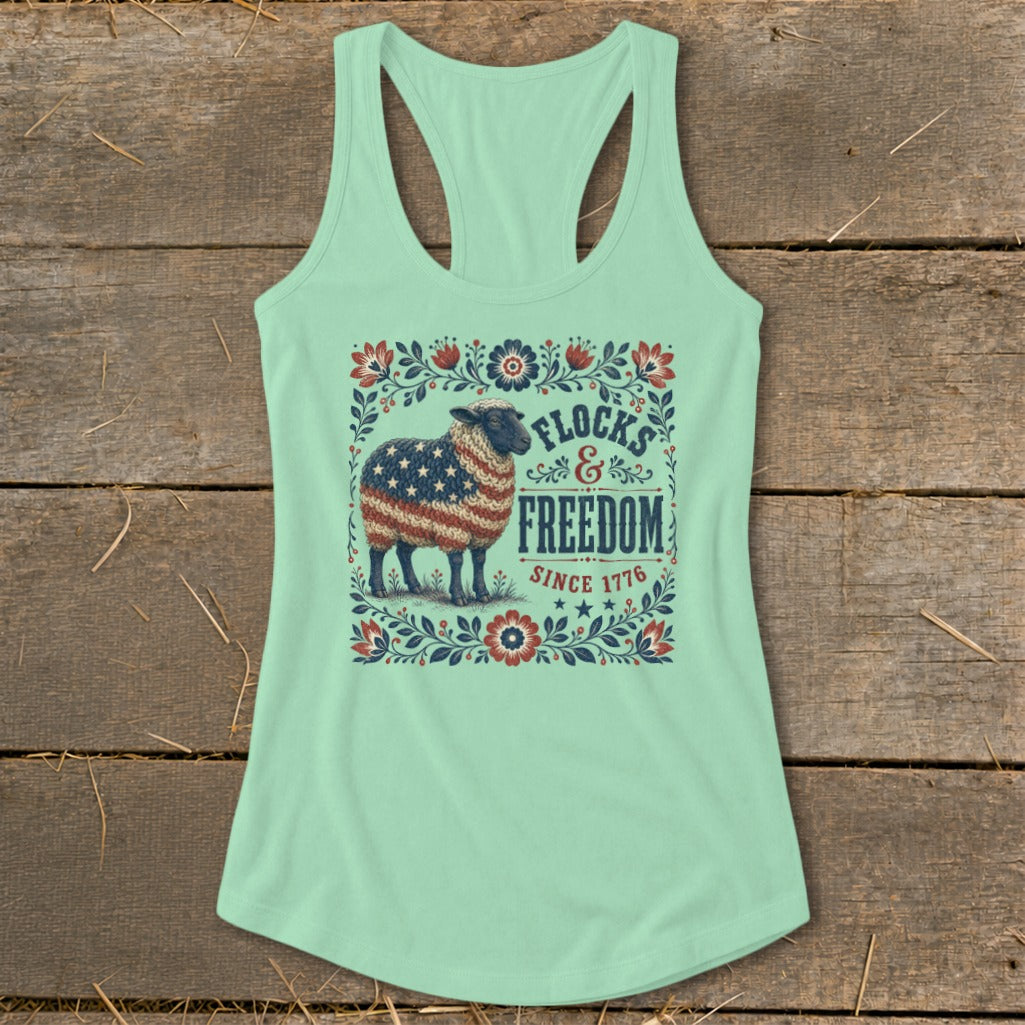 Mint green tank top with a sheep wearing an American flag pattern.
