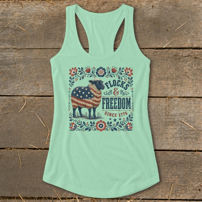 Mint green tank top with a sheep wearing an American flag pattern.