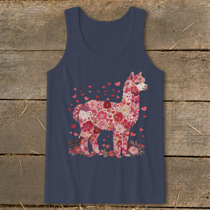 Navy tank top with an alpaca made of pink and red flowers and hearts.