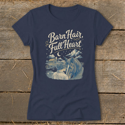 Navy t-shirt with "Barn Hair, Full Heart" text and illustration of girl with horse.