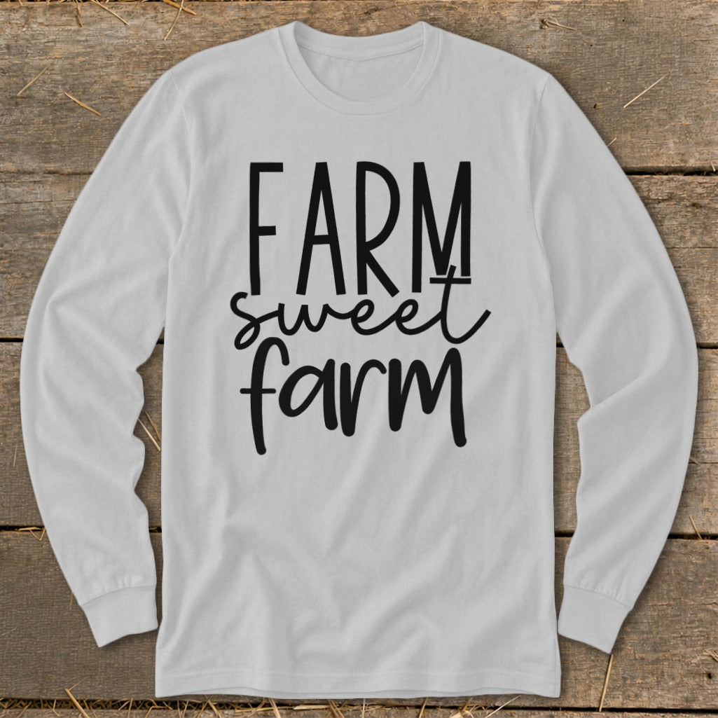 White long-sleeve shirt with "Farm Sweet Farm" text design.